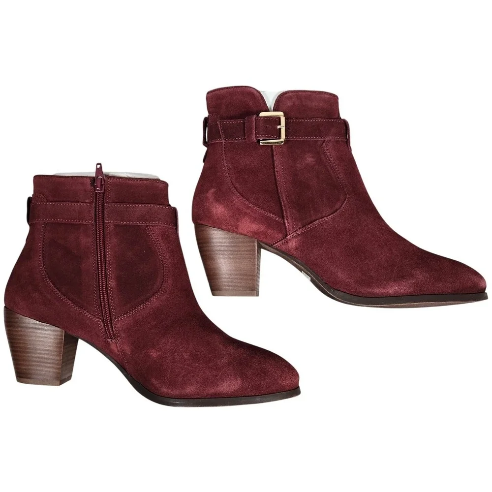 Diba Sleek‎ Bootie Burgundy Suede Leather Ankle Boots Block Heel Size 10